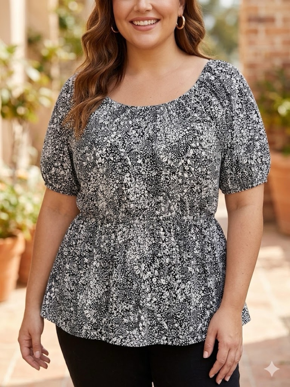Terra & Sky Black and White Floral Peplum Blouse